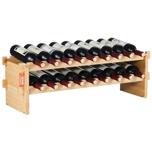VEVOR 18 Bottle Stackable Modular Wine Rack, 2-Tier Solid Bamboo Wood Storage Racks, Floor Freestanding Wines Holder Display Shelf, Wobble-Free Shelves for Kitchen, Bar, and Cellar (Natural Color) - color: Original Wooden Colour, size: 2-Tier 18 Bottles