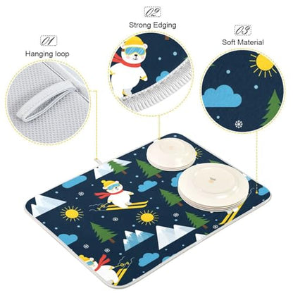 Skiing Polar Bear Tree Dish Drying Mat for Kitchen Counter Super Absorbent Draining Mat with Non-slip Backed Sink Mats for Dish Bottles Cups Bowl Draining Racks Countertops Sinks