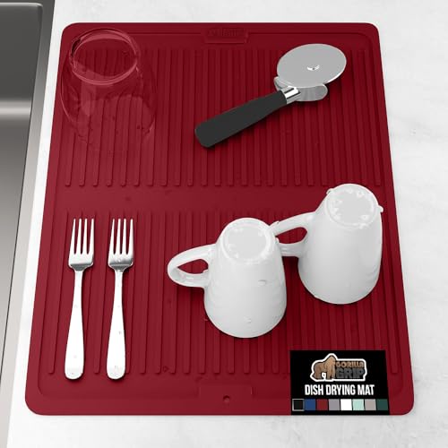 GORILLA GRIP 100% BPA-Free Patented Silicone Dish Drying Mat for Kitchen Counter, 18x16 Inch, Water Catching Ribbed Design, Easy Clean Waterproof Sink Liner, Heat Resistant, Fits Under Rack, Red - color: Red, size: 18" x 16", style: Silicone