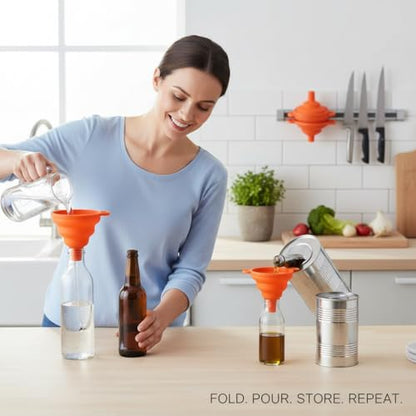 4 Pack Silicone Collapsible Kitchen Funnel for Water Beer Oil Filling Bottles ，Foldable Silicone Funnel Set – Collapsible Small & Large Funnels, Water Bottles & Liquid Transfer – Food Grade（Orange） - color: orange