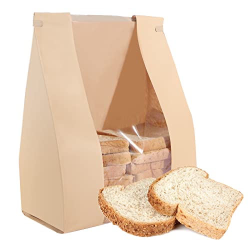 50 Pack Bakery Bags with Window, 13.8 x 9.4 Inch Large Paper Bread Bags for Homemade Bread, Tin Tie Tab Lock Brown Window Bag for Toast, Cookie, Loaf, Candy, Nuts