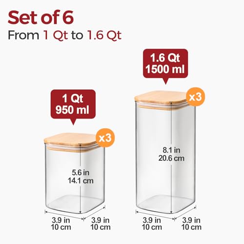 6-Pack Square Glass Pantry Storage Containers with Lids, Airtight Stackable Pantry Organization and Storage Set (1.6 Qt/1 Qt) for Snacks, Cereal & Coffee - size: 1.6Qt*3+1Qt*3