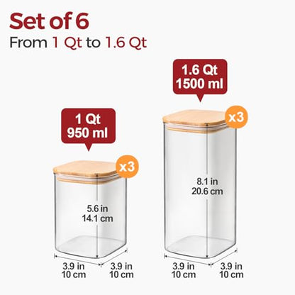 6-Pack Square Glass Pantry Storage Containers with Lids, Airtight Stackable Pantry Organization and Storage Set (1.6 Qt/1 Qt) for Snacks, Cereal & Coffee - size: 1.6Qt*3+1Qt*3