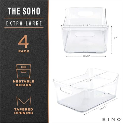 BINO | Plastic Organizer Bins, X-Large - 4 Pack | The SOHO Collection | Multi-Use Organizer Bins | Pantry & Freezer Bin | Plastic Storage Containers | Bin for Home & Kitchen Org - size: X-Large