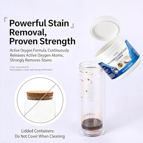 Food Grade Tea Stain & Coffee Scale Cleaner - Easy Cleaning Powder for Stainless Steel, Glass, Ceramic, Silicone - Removes Coffee, Tea Limescale with Hot Water Soak (120, Grams)