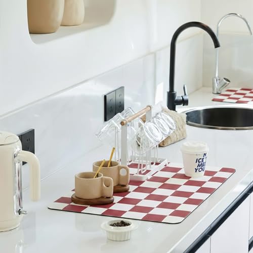 Ohocut Red Checkered Dish Drying Mat for Kitchen Counter, Coffee Bar Station Accessories, Retro Cute Aesthetic Modern Absorbent Drainer Mat Kitchen Drying Mat Easy Clean 19" x 12" - color: Red, size: 19" x 12"