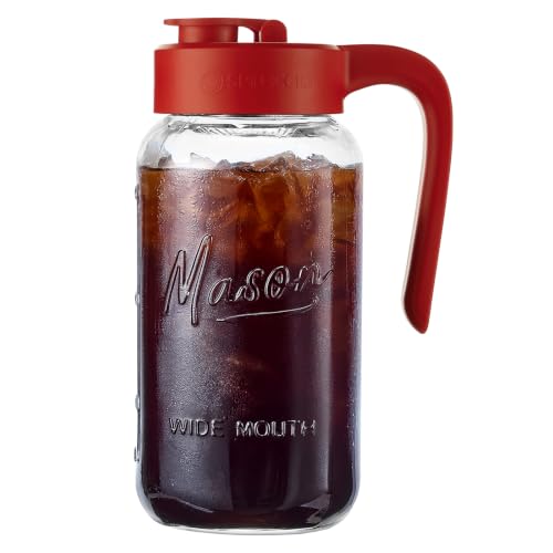 Mason Jar Pitcher - Airtight & Leakproof Glass Pitcher with Lid, Perfect for Breastmilk, Cold Brew, and Sun Tea, 2 Quart (64 oz) Mason Jar with Pour Spout Lid - color: Red