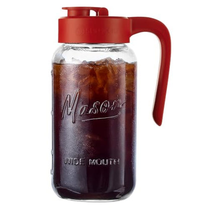 Mason Jar Pitcher - Airtight & Leakproof Glass Pitcher with Lid, Perfect for Breastmilk, Cold Brew, and Sun Tea, 2 Quart (64 oz) Mason Jar with Pour Spout Lid - color: Red