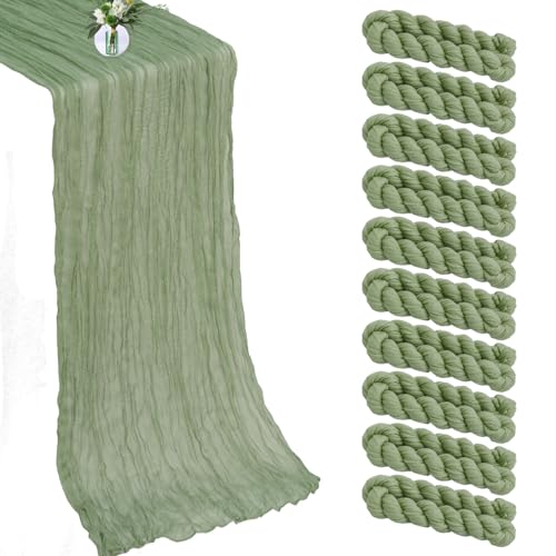 10 Pack New Sage Green Cheesecloth Table Runner -21*120Inch Long Boho Wedding Table Decor, Rustic Gauze Fabric Runner for Bridal Showers, Baby Showers & Parties (Sheer, Lightweight, Wrinkled Design) - color: New Sage Green, size: 120*21-10pack