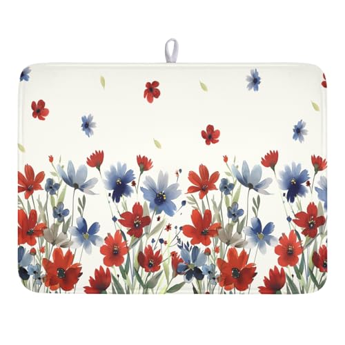 4th of July Floral Dish Drying Mat for Kitchen Counter 18 x 24 Inch Patriotic Dish Drainer Mat Absorbent Microfiber Independece Day Dish Rack Pad for Coffee Dining Bar Decor - color: Blue Cream, size: 18" x 24"