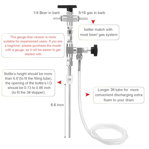 Counter Pressure Bottle Filler Stainless Steel Bottle Filler Counter Pressure Beer Bottling Wand 1/4 & 5/16 Barb Homebrew Beer Bottle Filler Hand Held Bottle Filler 3ft Hose - size: NO gauge