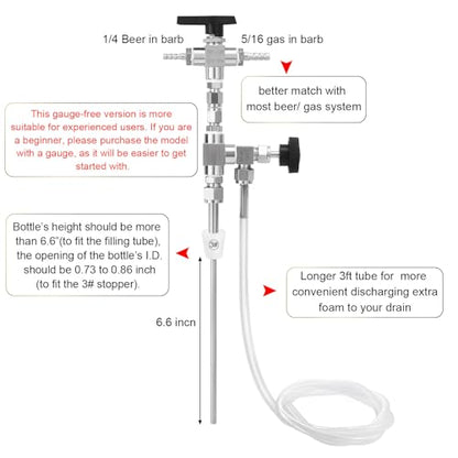 Counter Pressure Bottle Filler Stainless Steel Bottle Filler Counter Pressure Beer Bottling Wand 1/4 & 5/16 Barb Homebrew Beer Bottle Filler Hand Held Bottle Filler 3ft Hose - size: NO gauge