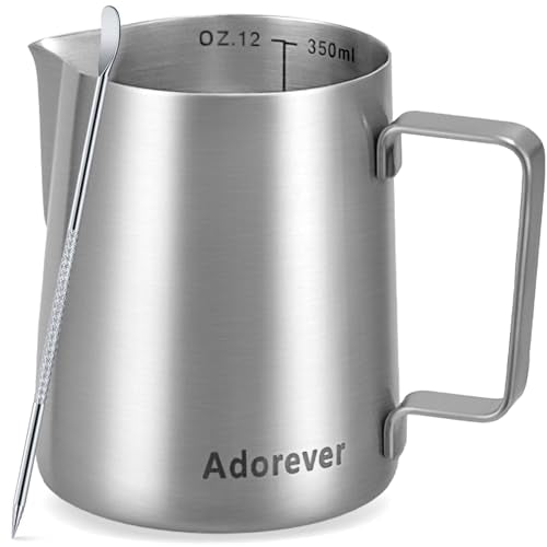 Adorever Milk Frothing Pitcher, 12oz Stainless Steel Milk Frother Cup Steaming Pitcher, Cappuccino Espresso Accessories Coffee Bar Barista Tools, Steamer Cup Milk Jug with Latte Art Pen, Matte Steel - color: A Silver Matte, size: 12 Ounces