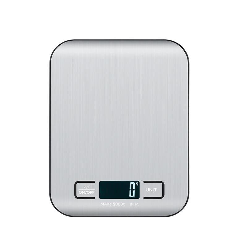 Digital Food Scale with 2 AAA Batteries Trnr-FDSCLE-SLV, Food Scale for Kitchen, Cooking Scale with Zero Tare Option, Kitchen Scale Weighs up to 11 Pounds, Measures in KG, G, LB, OZ, and ML