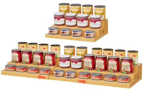 3-Tier Extra-Long Expandable Bamboo Can Rack for Pantry – Adjustable Pantry Can Organizer, Large Capacity Holds up to 45 Cans, Pantry Shelf & Countertop Storage (Patent Pending) - color: Bamboo, size: 29"-43.3"W × 10.8"D × 4.3"H