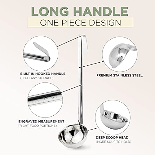 Fit Meal Prep [2 Pack] Stainless Steel Soup Ladle - One-Piece Sauce Spatula w/Hook Handles, Commercial Grade Serving Spoon, Kitchen Tool for Restaurant or Home Cooking, Mirror Finish, 14.25" Long - size: 8 oz