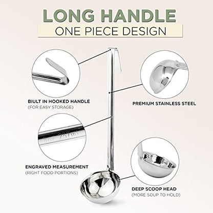 Fit Meal Prep [2 Pack] Stainless Steel Soup Ladle - One-Piece Sauce Spatula w/Hook Handles, Commercial Grade Serving Spoon, Kitchen Tool for Restaurant or Home Cooking, Mirror Finish, 14.25" Long - size: 8 oz