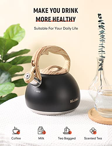 BELANKO 2.7 Quart Tea Kettle for Stovetops - Food Grade Stainless Steel Teapot with Loud Whistle, Cool-Touch Wood Pattern Handle, Rust-Resistant Whistling Kettle - Matte Black - color: Matte Black