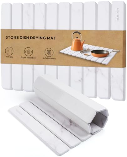 Stone Drying Mat for Kitchen Counter, 24"(L)×16"(W), Drying Matt Kitchen Counter, Stone Dish Drying Mat, Foldable Diatomaceous Earth Mat - color: White