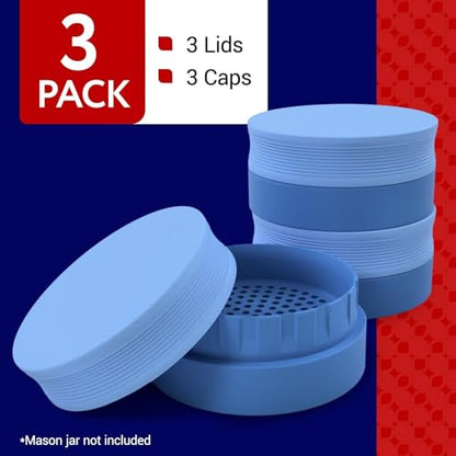 IMPRESA Mason Jar Strainer Lids - Blue, Pack of 3 Clog-Free Drainage & Kefir Strainer - Compact 3-Piece Fermentation Kit - Secure Fit
