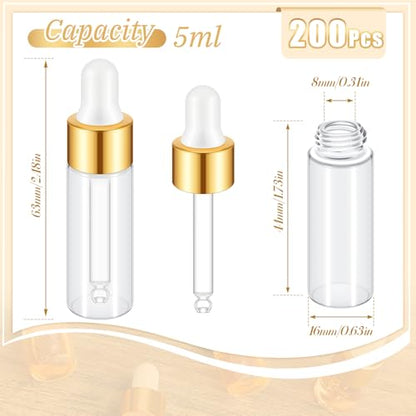 Didaey 200 Pcs 1/2/3/5/10/15 ml Mini Glass Oil Dropper Bottle Bulk, Clear Essential Small Empty Bottles Sample Containers Perfume Liquid Vials with Cap for Traveling (5 ml,Champagne Gold) - color: Champagne Gold, size: 5 ml