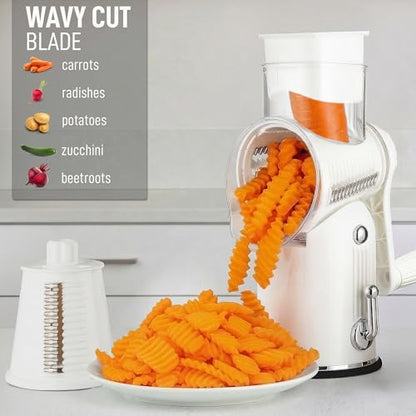 Zulay Kitchen Rotary Cheese Grater 5 Blade Cheese Shredder - Manual Hand Crank Cheese Grater With Reinforced Suction & 5 Interchangeable Drums - Easy to Use, Vegetable Chopper Round Mandoline Slicer - color: Classic | White