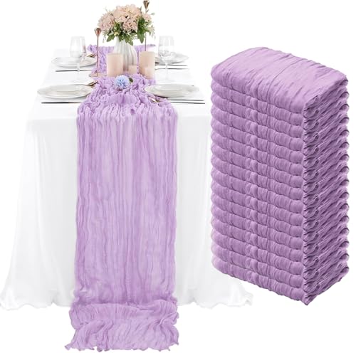 16 Pack Purple Lavender Cheesecloth Table Runner 35x120 Inch Boho Rustic Gauze Table Runners, 10Ft Long Sheer Purple Lavender Cheese Cloth Table Runners for Wedding Bridal Shower Party Table Decor - style: Lavender