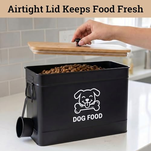 Dog Food Container Airtight 15 lb (50 Cup) Capacity with Metal Scoop - Cute Airtight Dog Food Storage Container with Bamboo Lid - Black Metal Kibble Storage Bin for Dogs up to 100 lbs - Big Pet Jar - color: Black