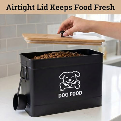 Dog Food Container Airtight 15 lb (50 Cup) Capacity with Metal Scoop - Cute Airtight Dog Food Storage Container with Bamboo Lid - Black Metal Kibble Storage Bin for Dogs up to 100 lbs - Big Pet Jar - color: Black