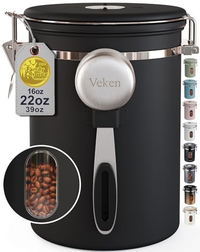 Veken Coffee Canister with Window,Airtight Stainless Steel Pantry Container,Kitchen Food Storage Organizers for Beans,Ground,Espresso,Rice,Tea,Sugar, Cereal, Bar Accessories,Gifts,Lids,Jars,22OZ,Black - color: Black, size: 22 oz