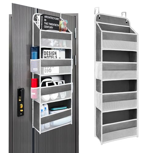 Ease of Assembly Over The Door Organizer,4 Shelves & 4 Side Pockets,Anti Tilt Hanging Behind Door Storage, Heavy-Duty Reinforced Mesh Rack Holds 44lb for Bathroom,Pantry, Nursery,Closet, Shoes, Towels - color: Dark Grey, size: 4 shelf