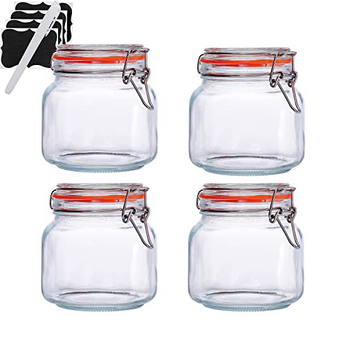 Hovico 25 oz Glass Jars With Airtight Lids And Leak Proof Rubber Gasket,Wide Mouth Mason Jars With Hinged Lids For Kitchen Canisters 750ml, Glass Storage Containers - color: 25oz*4-Round