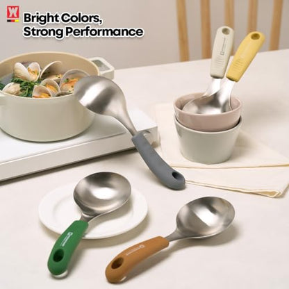 Short Stainless Steel Ladle 220mm (8.6”) – SUS304 Thick Deep Bowl Head with Soft-Grip Silicone Handle – Lightweight Mini Soup & Serving Spoon for Cooking – 5 Color Options (Gray) - color: Gray