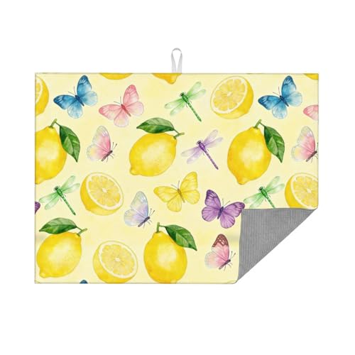 Kitchen Drying Mat for Countertop Fresh Lemon Butterfly Garden Pattern Non-Slip Kitchen Counter Mat for Dishes Glassware - color: Yellow Soft Green