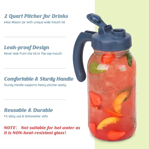 Soligt Glass Mason Jar Pitcher with Lid, Wide Mouth Flip Cap Pour Spout Leak-proof Lid with Handle, 64 oz (2 Quart / 1.9 Liter), Navy and Yellow, 2 Pack - color: Navy and Yellow