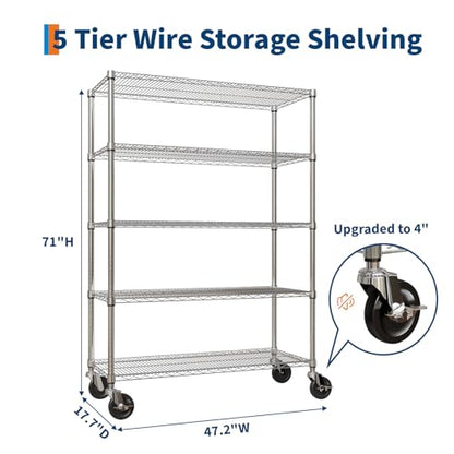 Garvee 5-Tier Metal Shelving with Wheels, Adjustable Storage Shelves Heavy Duty 2000LBS, Chrome Plating Utility Rack NSF Wire Shelving, for Kitchen, Garage, Pantry, Commercial, 47.2" Wx17.7 Dx70.9 H - size: 17.7"Dx 47.2"W x 70.9"H - 5 Tier
