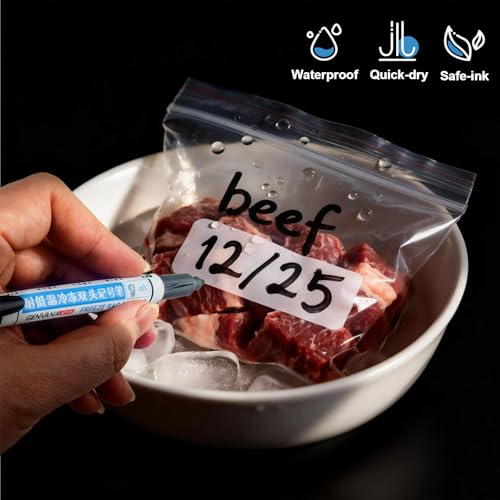 Freezer Bag Markers 2 Pack, Permanent Food Grade Pens with 1.0mm Chisel & 0.5mm Fine Tips for Freezer Labels, Fast Drying Waterproof Smudge Proof Ink Writes on Plastic, Glass, Metal, Foam