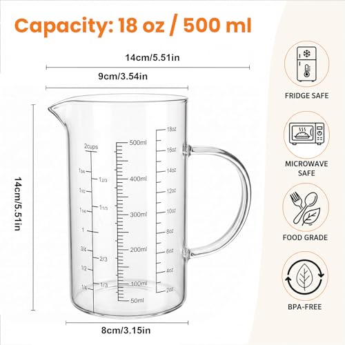 Graduated Glass Measuring Cup With Handle 500ML (16Oz, 2Cups) | High Borosilicate Liquid Measuring Cup for Baking Cooking Kitchen V-Shaped Spout Glass Measuring Beaker Easy To Read - size: 500ML (16Oz, 2Cups)