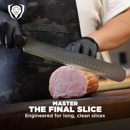 Dalstrong Carving Slicing Knife - 12 inch - Shogun Series ELITE - Granton Edge - Japanese AUS-10V Super Steel Kitchen Knife - Damascus - Vacuum Treated - Slicer Kitchen Knife - Sheath Included - color: Black, size: 12"