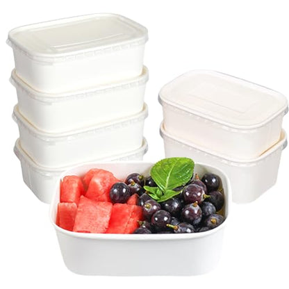 50 Pack Disposable Salad Bowls with Lids, 25 OZ White Kraft Paper Food Containers, Oil-Proof Rectangular Soup Bowls for Meal Prep Snack Takeout, Microwave Freezer Safe