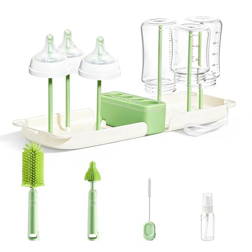 Travel Bottle Washing Kit with Storage Case, 7-in-1 Baby Travel Bottle Cleaner Kit for Travel and Home, All-in-One Baby Bottle Brush Set with Drying Rack for Bottles and Breast Pump Parts (Green) - color: Green