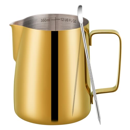 Amrules Milk Frothing Pitcher, 12 oz Milk Frother Cup with Clear Scale, 304 Stainless Steel Cappuccino Espresso Machine Accessories for Barista Coffee Bar with Latte Art Pen, Gold - color: Gold, size: 12 Ounces