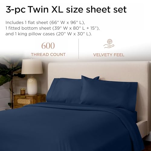 Threadmill 100% Cotton Sheets for Twin XL Size Bed - 600 Thread Count Twin XL Bed Sheets Set with 15” Deep Pocket - Sateen Weave 3-Piece Bedding Set with Cooling Effect, Folkstone Blue - color: Folkstone Blue Solid, size: Twin XL