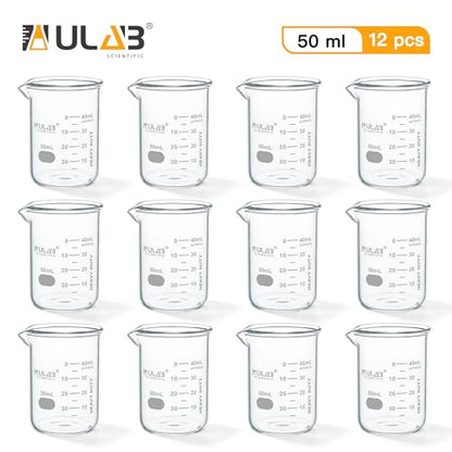 ULAB Scientific Glass Beakers Shot Glass, Vol. 50ml, 3.3 Borosilicate Griffin Low Form with Printed Graduation, Pack of 12, UBG1013 - style: Vol.50ml,Pack of 12