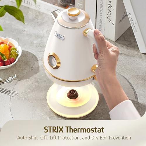 Hazel Quinn Retro Electric Kettle - 1.7 Liters / 57.5 Ounces Tea Kettle with Thermometer, All Stainless Steel, 1200 Watts Fast Boiling, BPA-free, Cordless, Automatic Shut Off - Pearl White - color: Pearl White