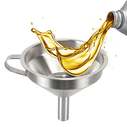 Stainless Steel Kitchen Funnel, Kitchen Funnel Food Grade Metal Funnel Multi Use Premium Metal Cooking Funnels with Strainer Brush for Filling Bottles Transferring Liquid Oil Milk