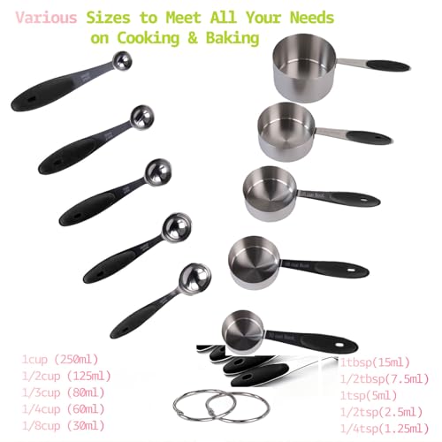 Inmorven 10pcs Measuring Cups and Spoons Set, Nesting Kitchen Stainless Steel Measuring Set for Baking Cooking Dry Liquid Ingredients Upgraded Thickness Handle-Black - color: Stainless Steel+Black
