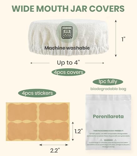 Cloth Tops for Mason Jars 4 inch Wide Mouth | Reusable Regular Sourdough Starter Lids | Breathable Cap Replacement for Gallon Glass Jar - style: Unbleached Poly-cotton