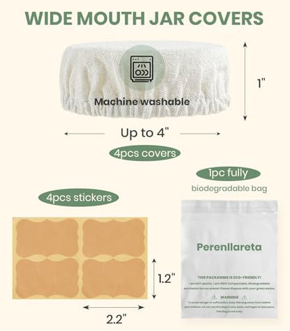 Cloth Tops for Mason Jars 4 inch Wide Mouth | Reusable Regular Sourdough Starter Lids | Breathable Cap Replacement for Gallon Glass Jar - style: Unbleached Poly-cotton