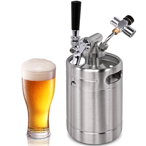 NutriChef Pressurized Beer Mini Keg System, 64oz Stainless Steel Growler Tap, Portable Mini Keg Dispenser Kegerator Kit, Co2 Pressure Regulator Keeps Carbonation for Craft Beer, Draft and Homebrew